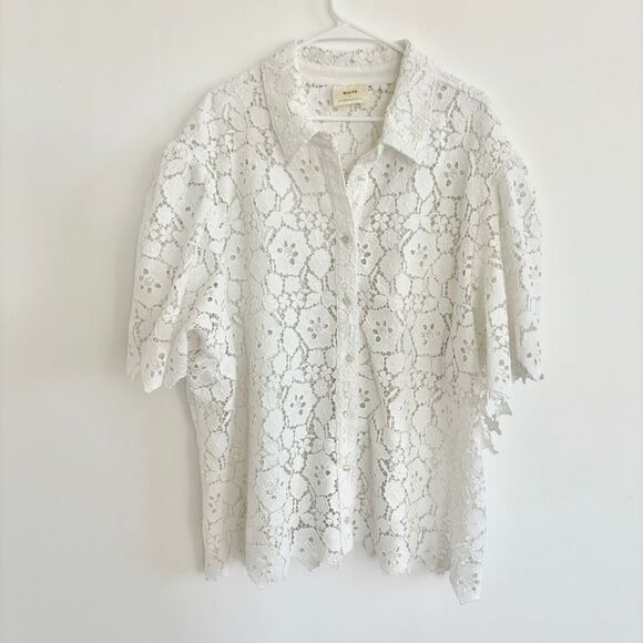 ANTHROPOLOGIE MAEVE CUTOUT LACE BUTTONDOWN SHIRT SHORT SLEEVE BLOUSE TOP WHITE L - Picture 2 of 5